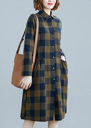 French plaid Cotton clothes Women lapel pockets daily spring Dresses - SooLinen