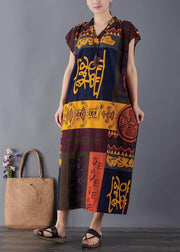 French print cotton quilting clothes v neck Maxi summer Dresses - SooLinen