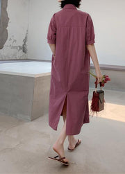 French purple cotton dresses lapel collar Maxi summer Dresses - SooLinen
