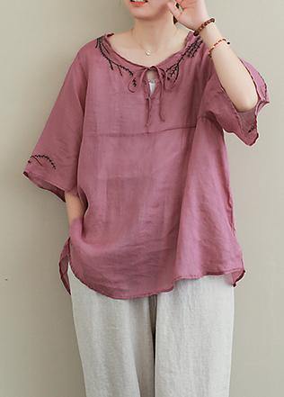 French purple embroidery linen Blouse o neck Midi shirts - SooLinen