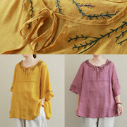 French purple embroidery linen Blouse o neck Midi shirts - SooLinen