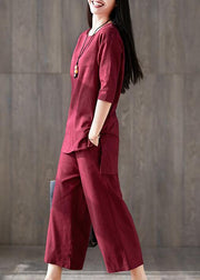 French red cotton clothes For Women Fitted linen wide leg pants two pieces Maxi o neck Chinese Button tops - SooLinen