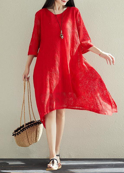 French red cotton outfit Fine pattern asymmetric hem Dresses summer Dress - SooLinen