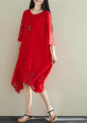 French red cotton outfit Fine pattern asymmetric hem Dresses summer Dress - SooLinen