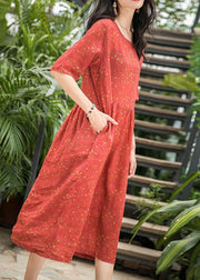 French red dotted linen dresses o neck patchwork long summer Dress - SooLinen