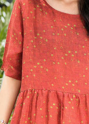 French red dotted linen dresses o neck patchwork long summer Dress - SooLinen