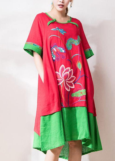 French red embroidery cotton tunic pattern o neck patchwork Art summer Dresses - SooLinen