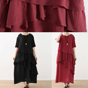 French red linen cotton dresses Omychic Tutorials asymmetric Robe summer Dresses - SooLinen