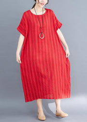 French red linen cotton dresses striped cotton summer Dress - SooLinen