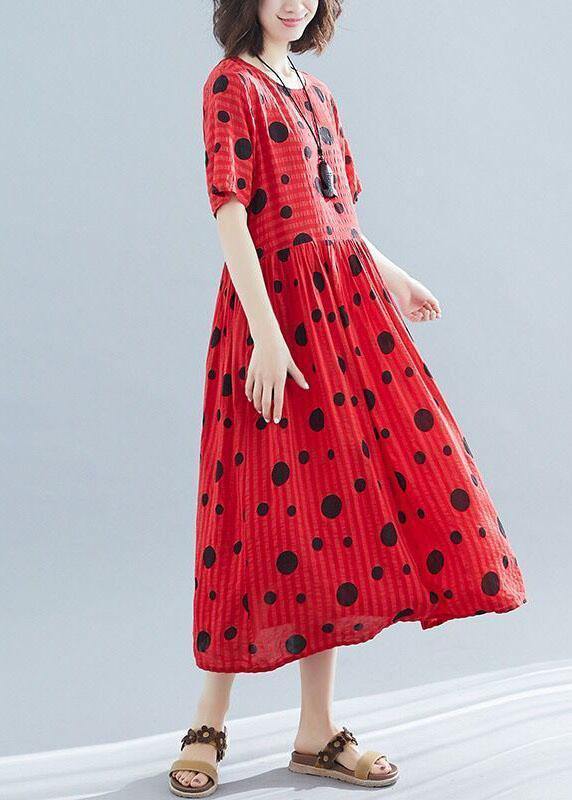 French red linen cotton tunic pattern dotted short summer Dress - SooLinen