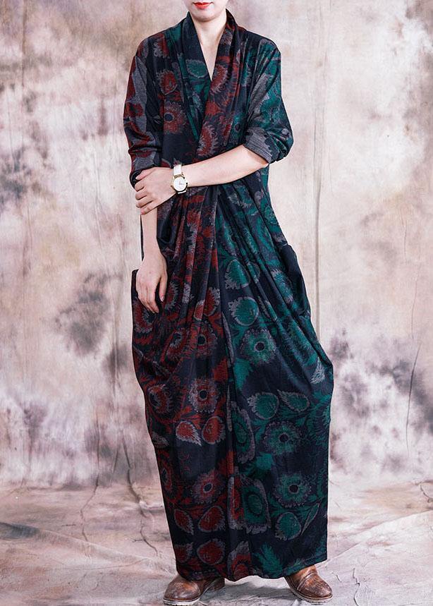 French red patchwork green print cotton tunic v neck Cinched long fall Dresses - SooLinen
