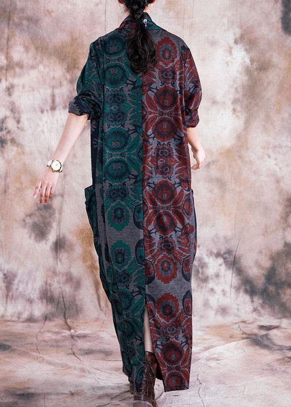 French red patchwork green print cotton tunic v neck Cinched long fall Dresses - SooLinen