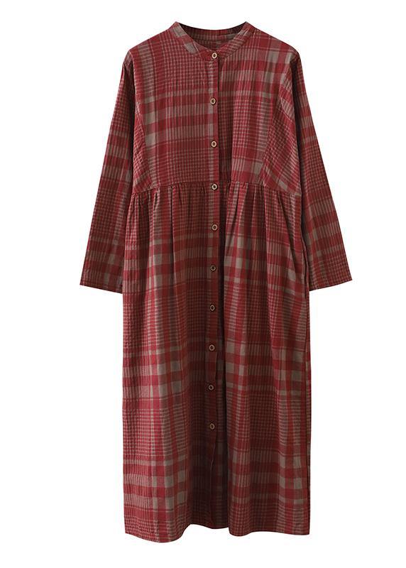 French red plaid cotton linen quilting clothes stand collar Cinched Art Dress - SooLinen