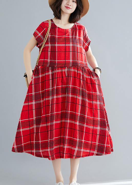 French red plaid linen cotton quilting clothes big hem Dresses summer Dresses - SooLinen
