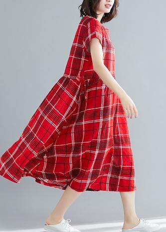 French red plaid linen cotton quilting clothes big hem Dresses summer Dresses - SooLinen
