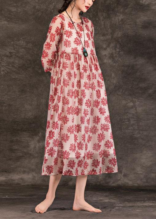 French red print dresses o neck patchwork summer Dresses - SooLinen