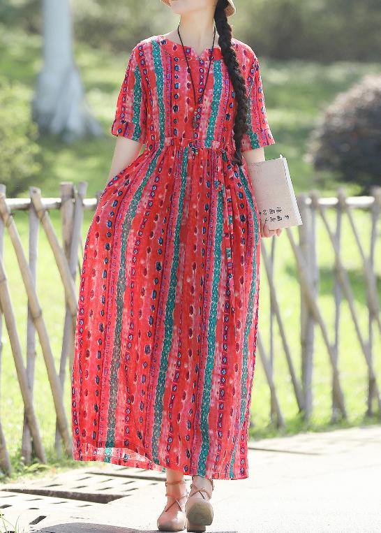 French red print linen Wardrobes Pakistani Shape v neck Art summer Dress - SooLinen
