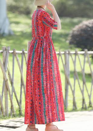 French red print linen Wardrobes Pakistani Shape v neck Art summer Dress - SooLinen