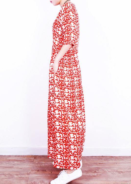 French red print linen Wardrobes o neck Cinched Art summer Dresses - SooLinen