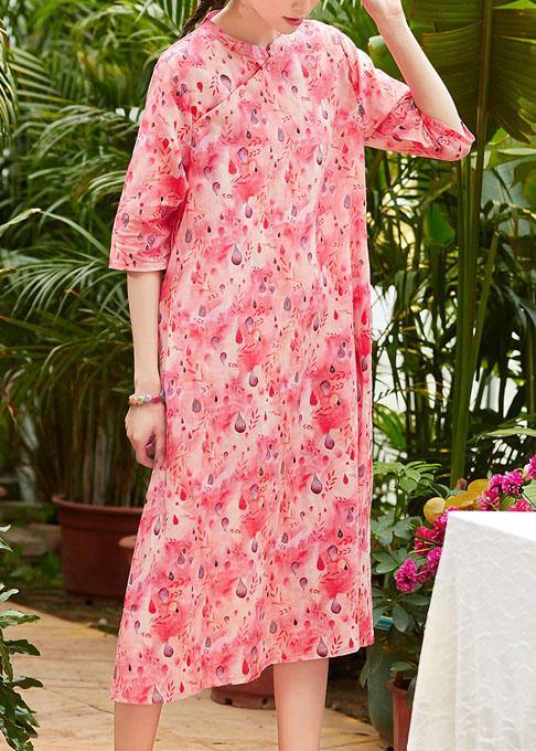 French red print linen Wardrobes stand collar patchwork Robe summer Dresses - SooLinen