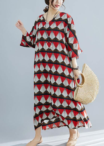 French red prints cotton tunic pattern Mom Photography v neck Traveling summer Dresses - SooLinen