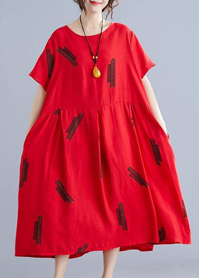 French red prints linen dresses Cinched Maxi summer Dress - SooLinen