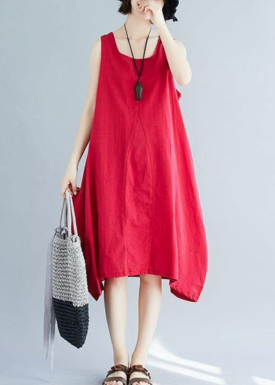 French red sleeveless linen clothes loose waist loose summer Dresses - SooLinen