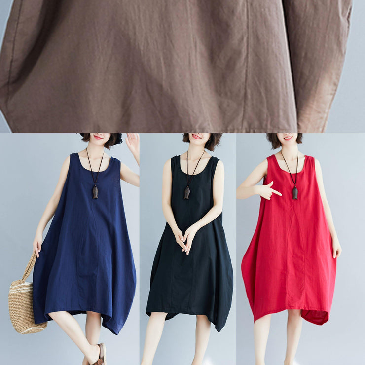 French red sleeveless linen clothes loose waist loose summer Dresses - SooLinen