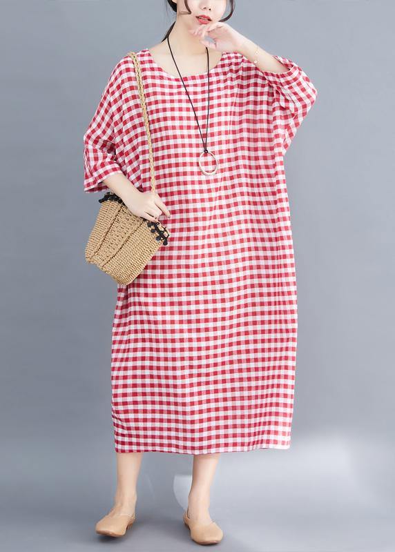 French red white plaid cotton linen plus size Photography Maxi summer Dresses - SooLinen