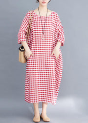 French red white plaid cotton linen plus size Photography Maxi summer Dresses - SooLinen