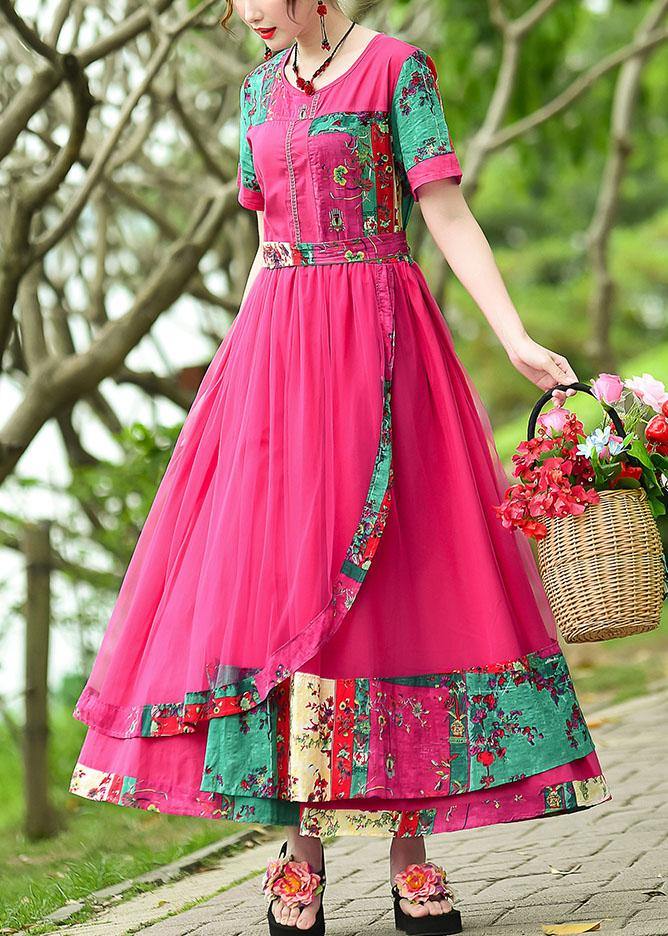 French rose print cotton quilting clothes o neck patchwork tulle long summer Dress - SooLinen