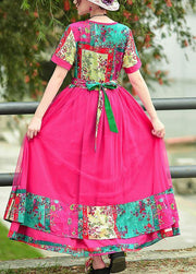 French rose print cotton quilting clothes o neck patchwork tulle long summer Dress - SooLinen