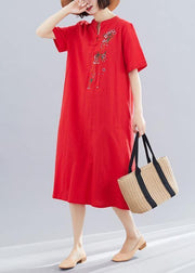 French short cotton Tunic Outfits red long Dresses summer - SooLinen
