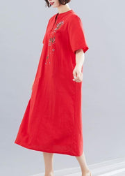 French short cotton Tunic Outfits red long Dresses summer - SooLinen