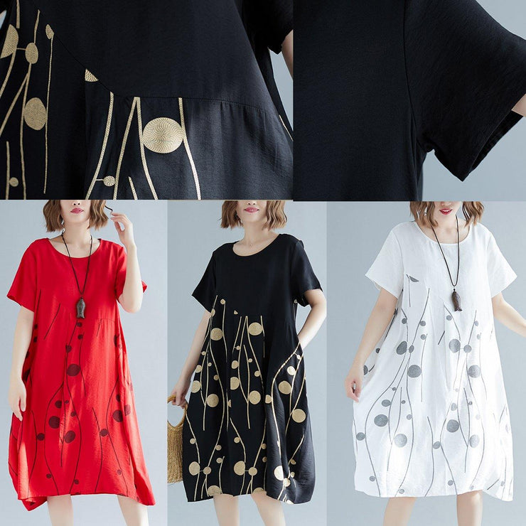 French short sleeve cotton linen Tunics Fabrics black print Dresses summer - SooLinen