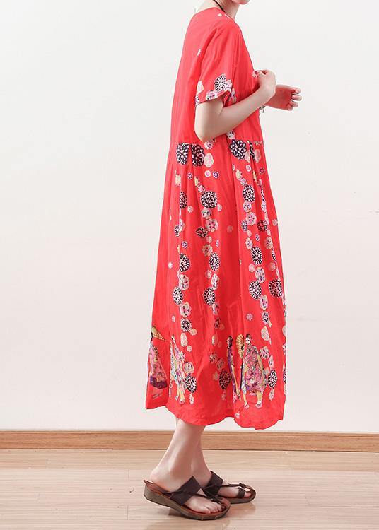 French short sleeve linen Long Shirts Shape red o neck Dress summer - SooLinen