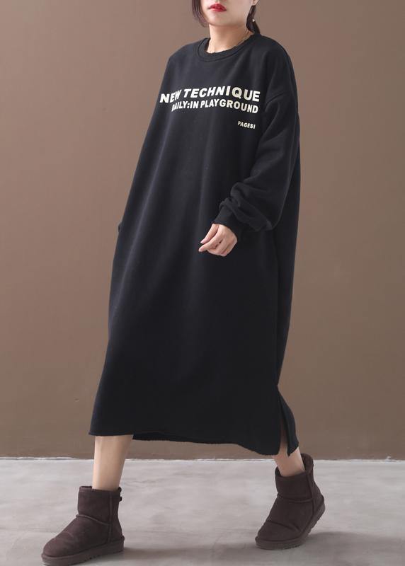 French side open cotton alphabet prints clothes Women Catwalk black winter cotton Dresses - SooLinen