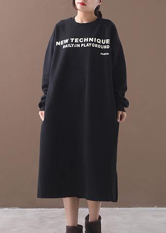 French side open cotton alphabet prints clothes Women Catwalk black winter cotton Dresses - SooLinen