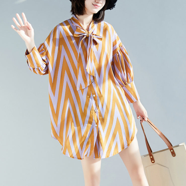 French side open cotton top silhouette Organic Photography yellow striped Knee blouse long sleeve
