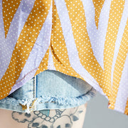 Französische Seite offene Baumwoll-Top-Silhouette Organic Photography gelb gestreifte knielange Bluse mit langen Ärmeln