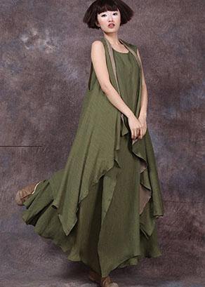 French sleeveless linen Long Shirts Runway green outwear summer - SooLinen