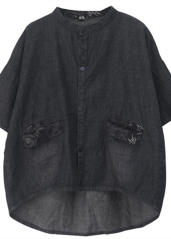 French stand colla pockets cotton Shirts Work denim black shirt - SooLinen