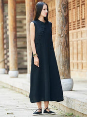 French stand collar Chinese Button cotton linen summer dress Neckline black Dress - SooLinen