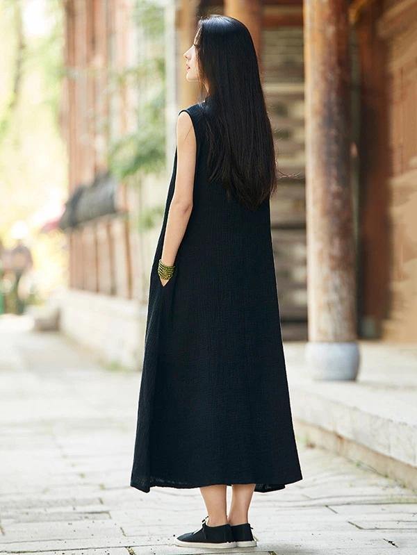 French stand collar Chinese Button cotton linen summer dress Neckline black Dress - SooLinen
