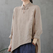 French stand collar asymmetric tops women Cotton gray shirts - SooLinen