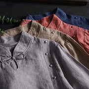 French stand collar asymmetric tops women Cotton gray shirts - SooLinen