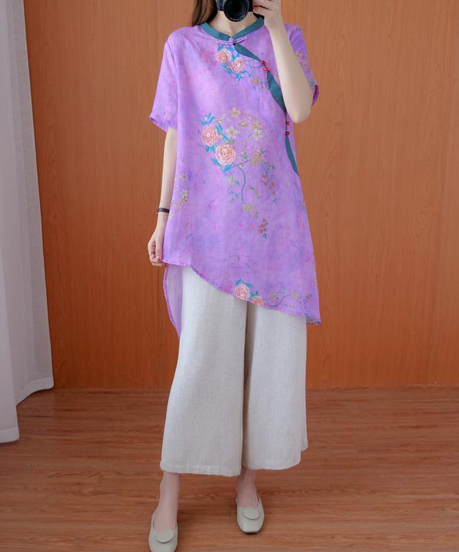 French stand collar asymmetric tops women Work Outfits purple print tops - SooLinen