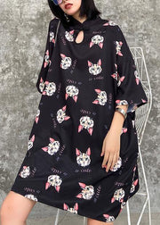 French stand collar outfit Photography black Kitten pattern Dresses - SooLinen