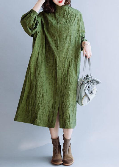 French stand collar Cinched cotton tunics for women Outfits green Dress fall - SooLinen
