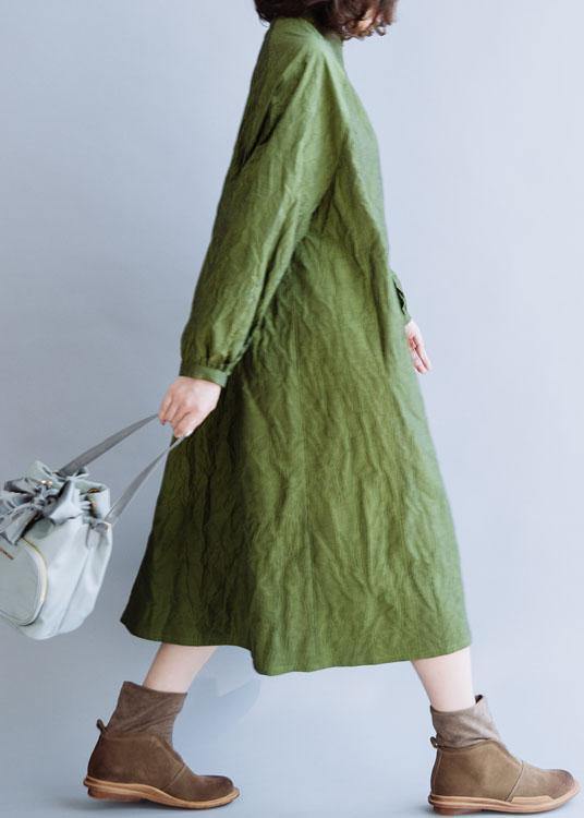French stand collar Cinched cotton tunics for women Outfits green Dress fall - SooLinen